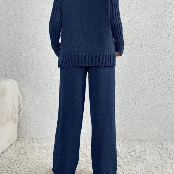 Royal Blue Casual Women's High Neck Drop Shoulder Sweater And Pants - Picture 3 of 5